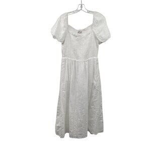 Loft Womens Midi Sundress Short Puff Sleeve Textured White Size Medium Smocked